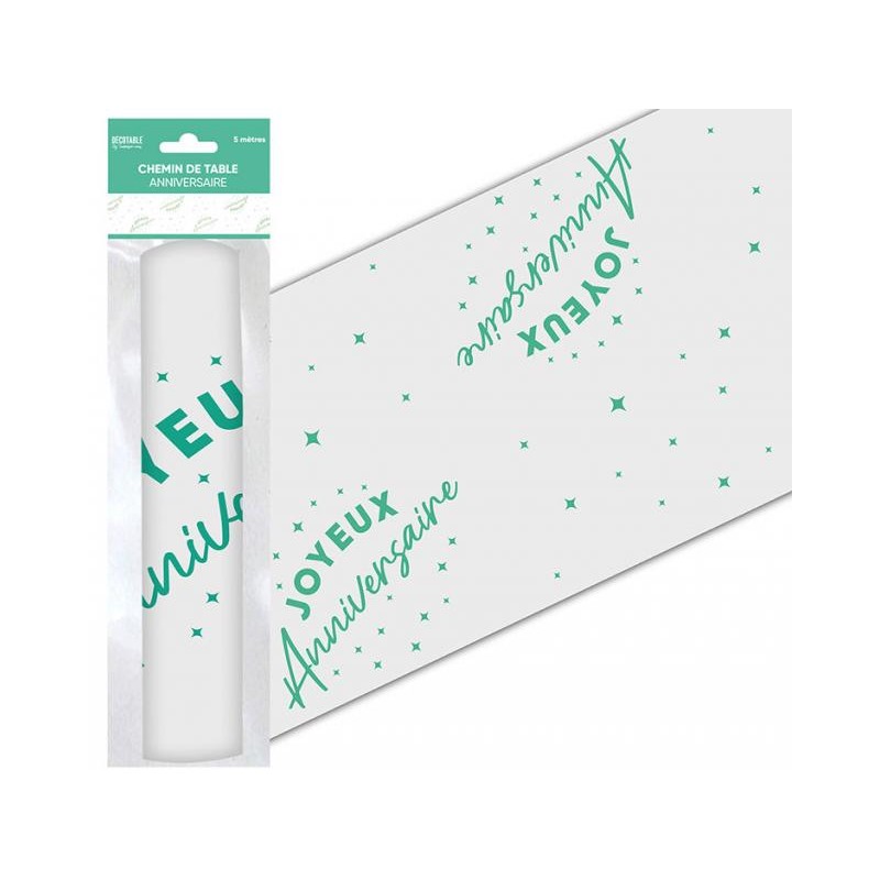 CHEMIN DE TABLE ORGANZA JOYEUX ANNIVERSAIRE 5 METRES VERT MENTHE