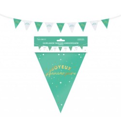 GUIRLANDE FANIONS JOYEUX ANNIVERSAIRE VERT MENTHE ET BLANC 6 METRES 