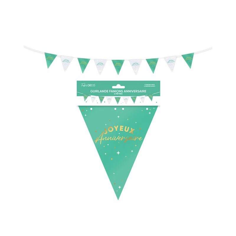 GUIRLANDE FANIONS JOYEUX ANNIVERSAIRE VERT MENTHE ET BLANC 6 METRES 