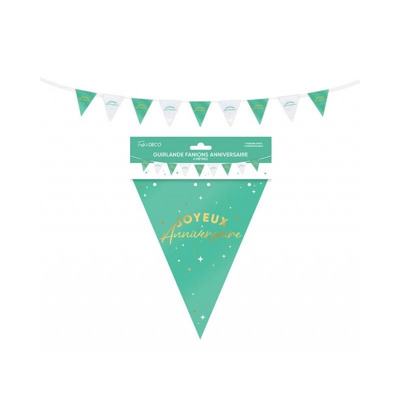 GUIRLANDE FANIONS JOYEUX ANNIVERSAIRE VERT MENTHE ET BLANC 6 METRES 