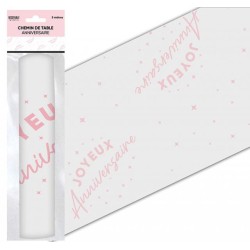 CHEMIN DE TABLE ORGANZA JOYEUX ANNIVERSAIRE 5 METRES ROSE CLAIR