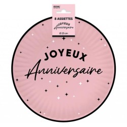 8 ASSIETTES JOYEUX ANNIVERSAIRE NOIR SUR FOND ROSE CLAIR 23 CM