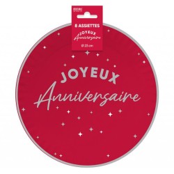 8 ASSIETTES JOYEUX ANNIVERSAIRE ARGENT SUR FOND ROUGE 23 CM