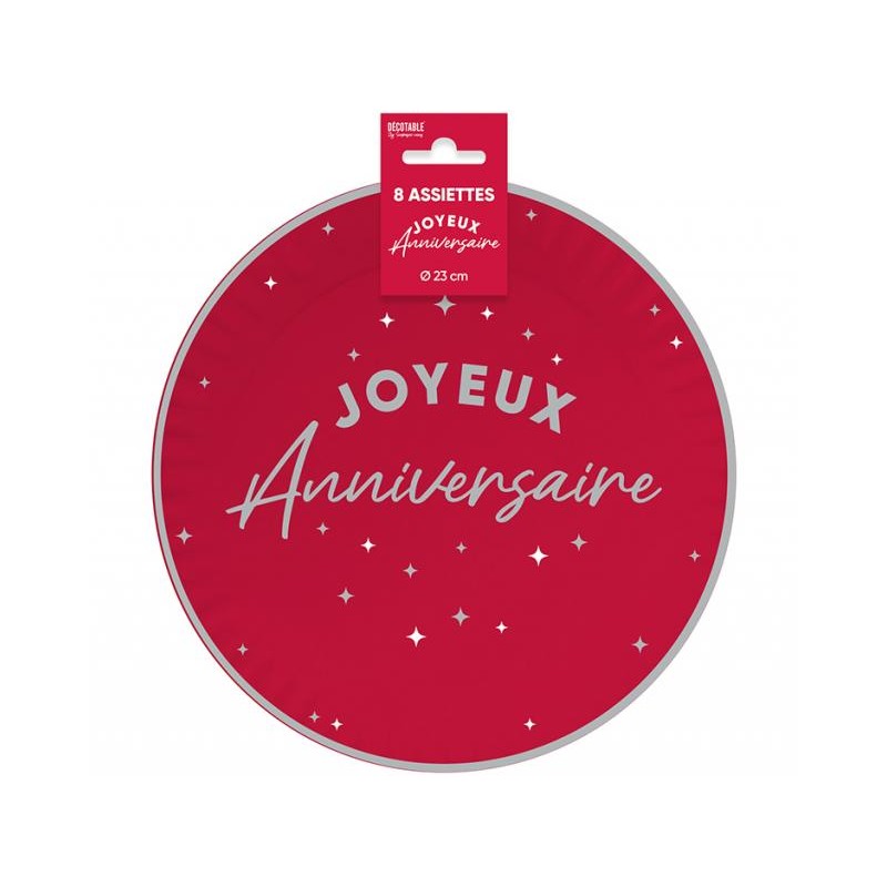 8 ASSIETTES JOYEUX ANNIVERSAIRE ARGENT SUR FOND ROUGE 23 CM