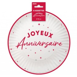 8 ASSIETTES JOYEUX ANNIVERSAIRE ROUGE SUR FOND BLANC 18 CM