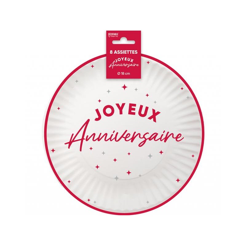 8 ASSIETTES JOYEUX ANNIVERSAIRE ROUGE SUR FOND BLANC 18 CM
