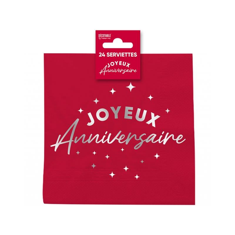 24 SERVIETTES JOYEUX ANNIVERSAIRE ARGENT SUR FOND ROUGE 33 X 33 CM