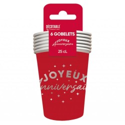 6 GOBELETS ROUGE JOYEUX ANNIVERSAIRE EN ARGENT 25 CL 