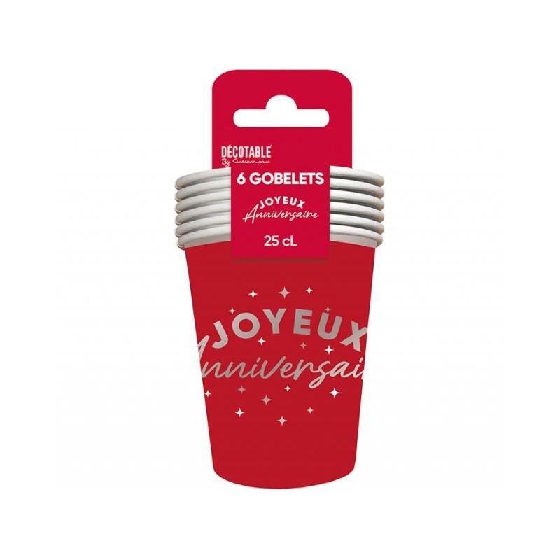 6 GOBELETS ROUGE JOYEUX ANNIVERSAIRE EN ARGENT 25 CL 