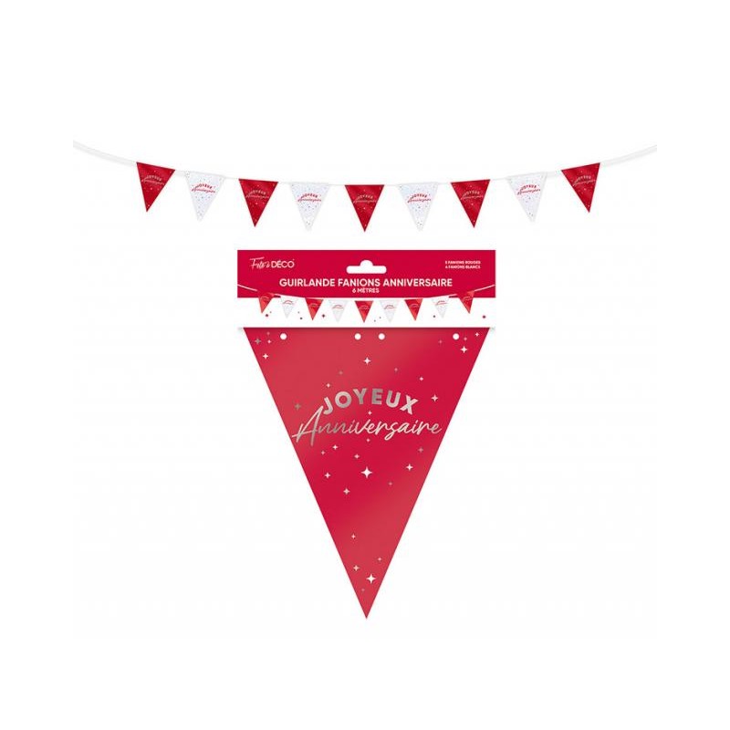 GUIRLANDE FANIONS JOYEUX ANNIVERSAIRE ROUGE ET BLANC 6 METRES 