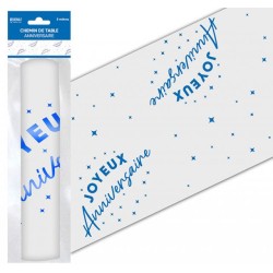 CHEMIN DE TABLE ORGANZA JOYEUX ANNIVERSAIRE 5 METRES BLEU