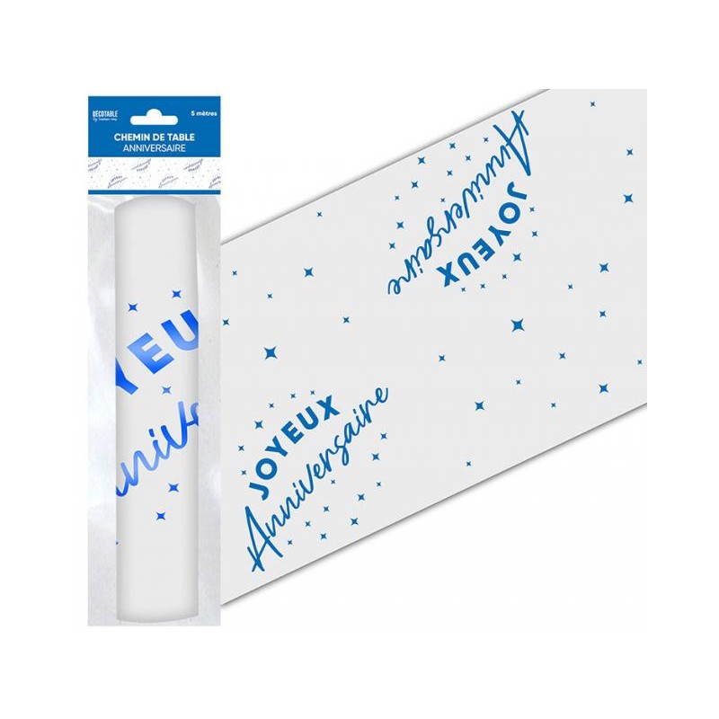 CHEMIN DE TABLE ORGANZA JOYEUX ANNIVERSAIRE 5 METRES BLEU