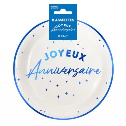 8 ASSIETTES JOYEUX ANNIVERSAIRE BLEU SUR FOND BLANC 18 CM