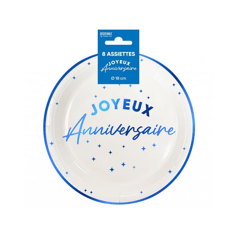 8 ASSIETTES JOYEUX ANNIVERSAIRE BLEU SUR FOND BLANC 18 CM