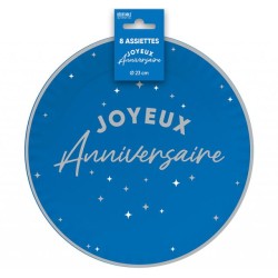 8 ASSIETTES JOYEUX ANNIVERSAIRE ARGENT SUR FOND BLEU 23 CM