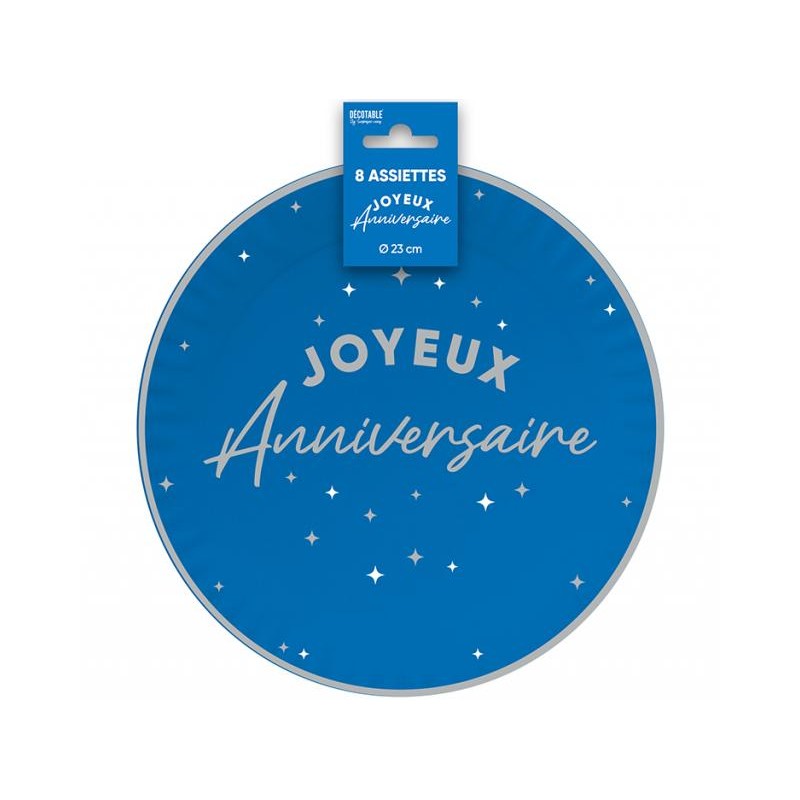 8 ASSIETTES JOYEUX ANNIVERSAIRE ARGENT SUR FOND BLEU 23 CM