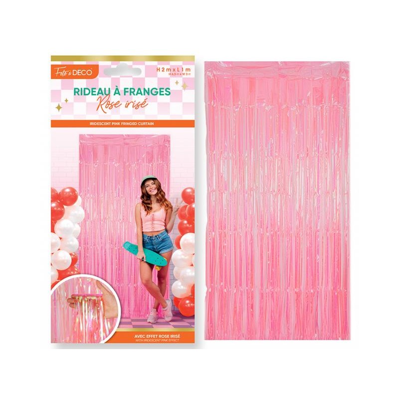 RIDEAU A FRANGES METALLIQUE ROSE CLAIR OU PASTEL EFFET IRISE