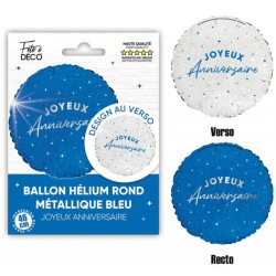 BALLON METALLIQUE ROND JOYEUX ANNIVERSAIRE BLEU ET BLANC 35 CM