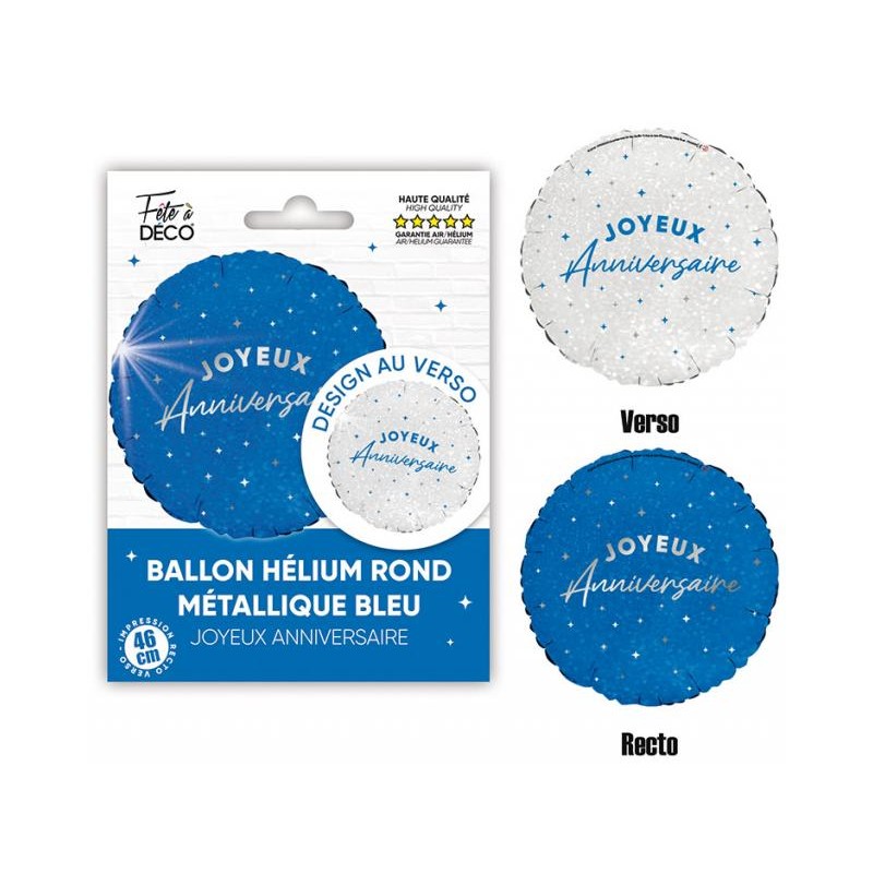 BALLON METALLIQUE ROND JOYEUX ANNIVERSAIRE BLEU ET BLANC 35 CM