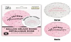 BALLON METALLIQUE ROND JOYEUX ANNIVERSAIRE ROSE PASTEL ET BLANC 35 CM