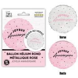 BALLON METALLIQUE ROND JOYEUX ANNIVERSAIRE ROSE PASTEL ET BLANC 35 CM