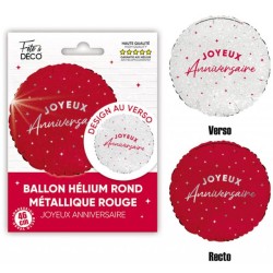 BALLON METALLIQUE ROND JOYEUX ANNIVERSAIRE ROUGE ET BLANC 35 CM