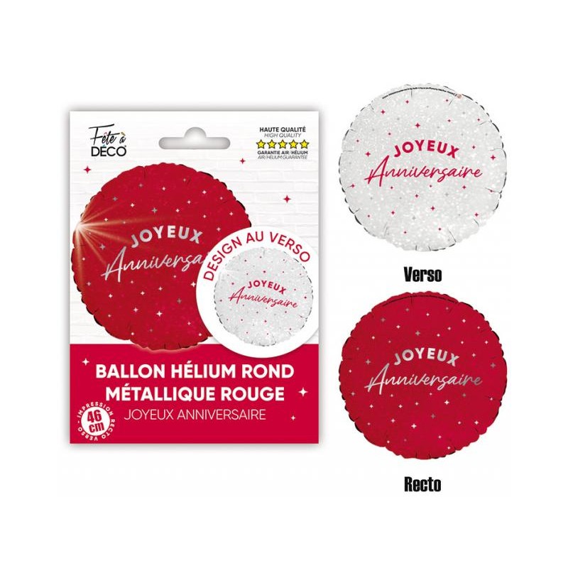 BALLON METALLIQUE ROND JOYEUX ANNIVERSAIRE ROUGE ET BLANC 35 CM