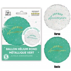 BALLON METALLIQUE ROND JOYEUX ANNIVERSAIRE VERT MENTHE ET BLANC 35 CM