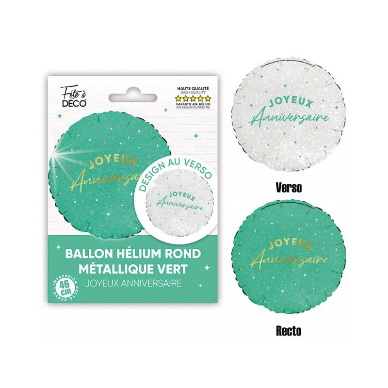 BALLON METALLIQUE ROND JOYEUX ANNIVERSAIRE VERT MENTHE ET BLANC 35 CM