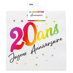 24 SERVIETTES ANNIVERSAIRE 20 ANS MULTICOLORE SUR FOND BLANC 33 X 33 CM