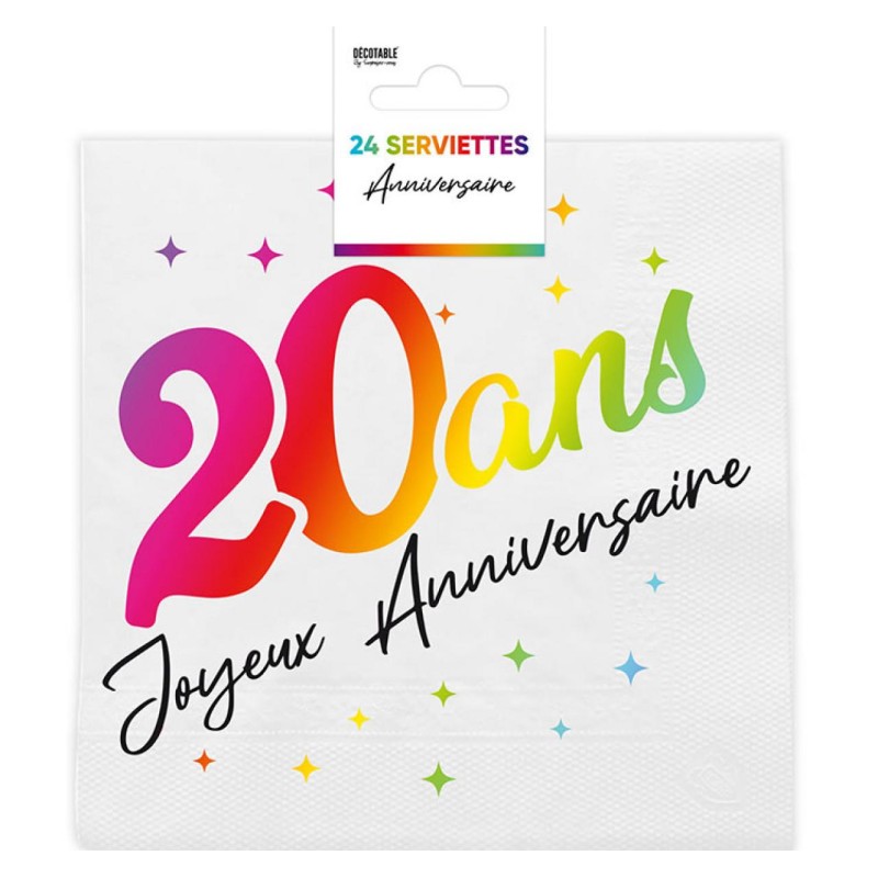 24 SERVIETTES ANNIVERSAIRE 20 ANS MULTICOLORE SUR FOND BLANC 33 X 33 CM