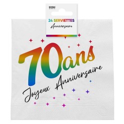 24 SERVIETTES ANNIVERSAIRE 70 ANS MULTICOLORE SUR FOND BLANC 33 X 33 CM