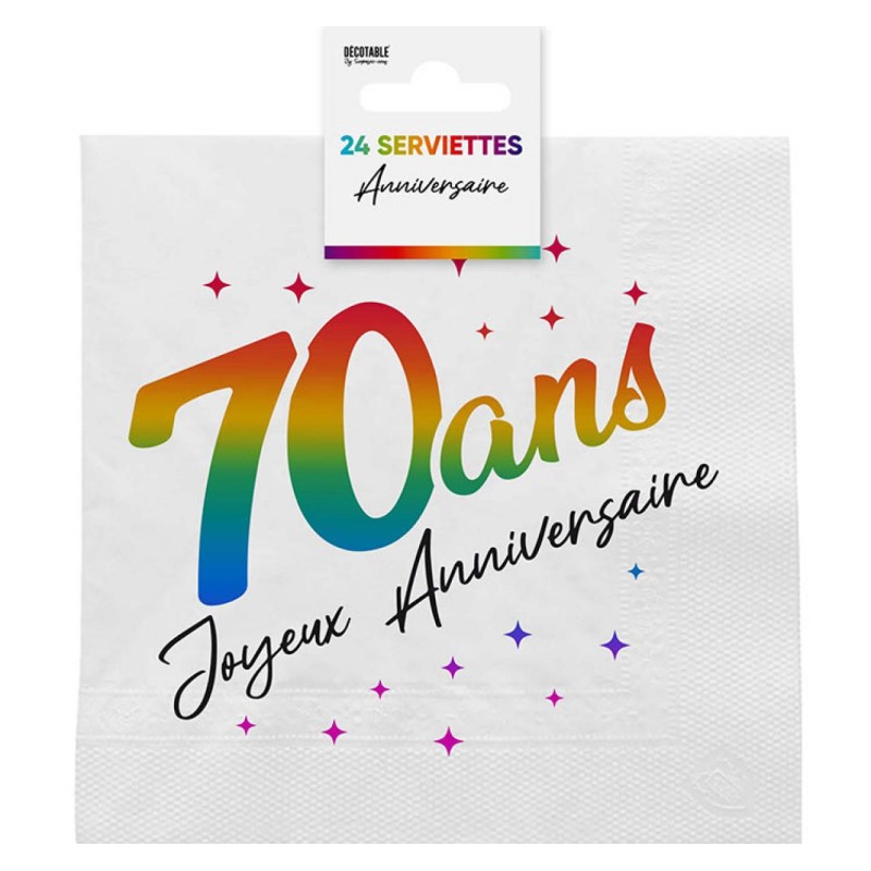 24 SERVIETTES ANNIVERSAIRE 70 ANS MULTICOLORE SUR FOND BLANC 33 X 33 CM