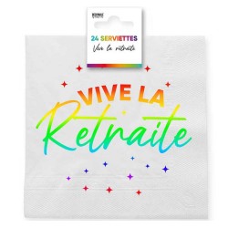 24 SERVIETTES VIVE LA RETRAITE MULTICOLORE SUR FOND BLANC 33 X 33 CM
