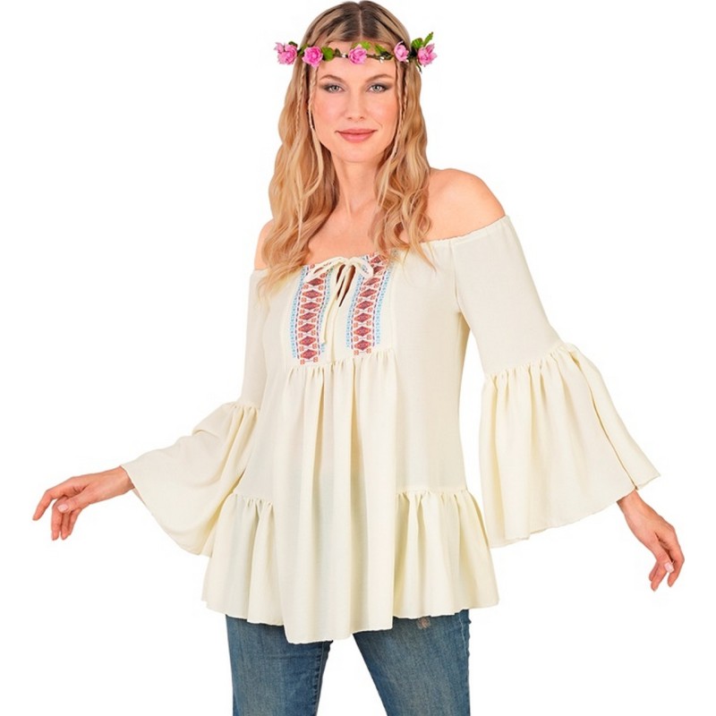 DEGUISEMENT CHEMISE HIPPIE BOHEME BLANCHE MOTIFS TAILLE XXL