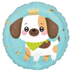BALLON METALLIQUE ROND KAWAII PUPPY CHIEN AVEC COURONNE 43 CM 