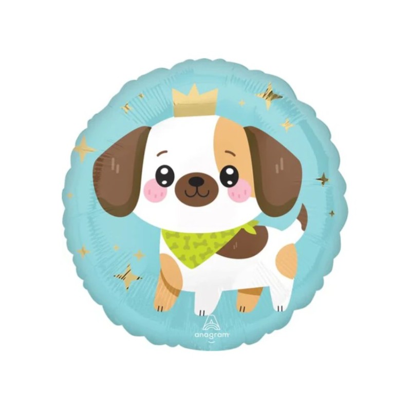 BALLON METALLIQUE ROND KAWAII PUPPY CHIEN AVEC COURONNE 43 CM 