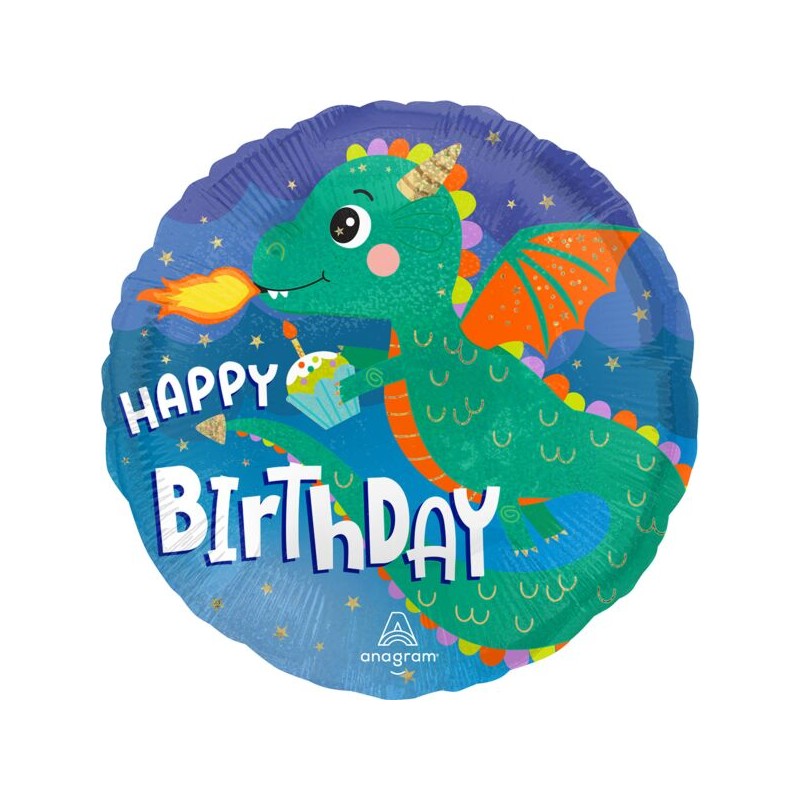 BALLON METALLIQUE ROND DRAGON RIGOLO HAPPY BIRTHDAY 43 CM 