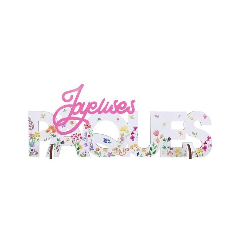 CENTRE DE TABLE LETTRES JOYEUSE PAQUES EN BOIS FLEURI 27 X 4 X 11 CM 