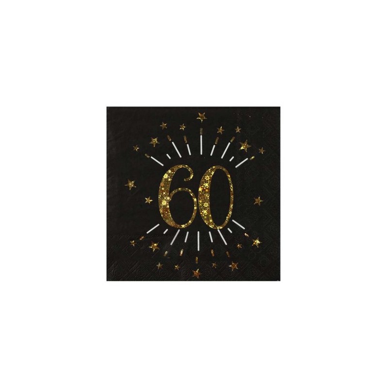 10 SERVIETTES ETINCELANT METAL OR 60 ANS NOIR 