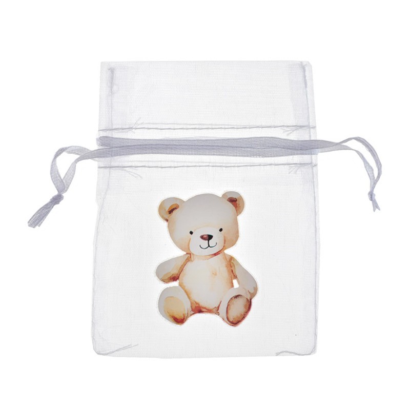 SACHET ORGANZA BLANC DECOR TEDDY OURSON PAR 4 7.5 X 10 CM