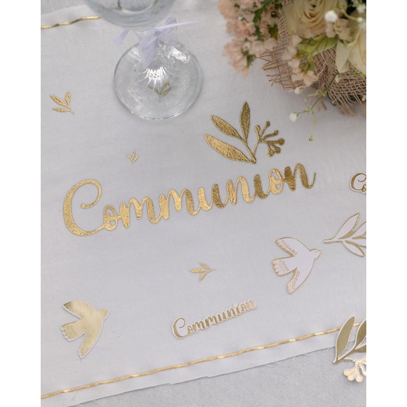 CHEMIN DE TABLE TISSU COMMUNION BIRDY BLANC ET OR 28 CM X 5 M