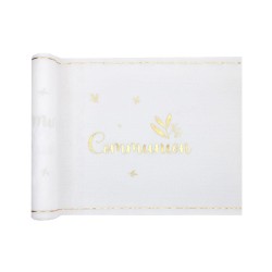CHEMIN DE TABLE TISSU COMMUNION BIRDY BLANC ET OR 28 CM X 5 M