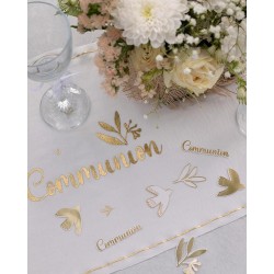 CHEMIN DE TABLE TISSU COMMUNION BIRDY BLANC ET OR 28 CM X 5 M