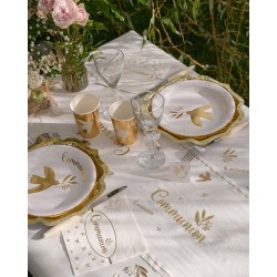 CHEMIN DE TABLE TISSU COMMUNION BIRDY BLANC ET OR 28 CM X 5 M