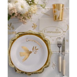 12 SERVIETTES COMMUNION BIRDY BLANC ET OR 33 X 33 CM