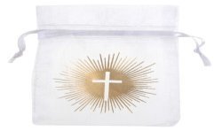 6 X SACHET ORGANZA BLANC DECOR CROIX OR CEREMONIE 7.5 X 10 CM