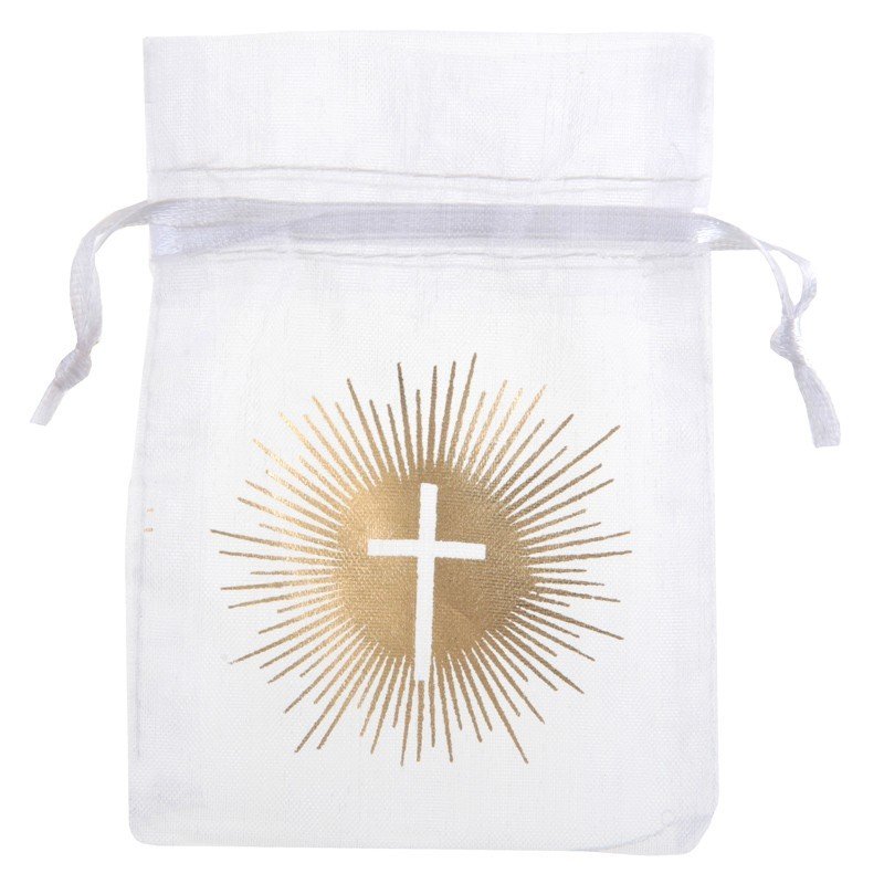 6 X SACHET ORGANZA BLANC DECOR CROIX OR CEREMONIE 7.5 X 10 CM