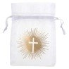 6 X SACHET ORGANZA BLANC DECOR CROIX OR CEREMONIE 7.5 X 10 CM
