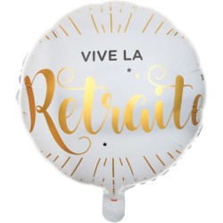 BALLON METALLIQUE ROND VIVE LA RETRAITE BLANC ET OR 45 CM 